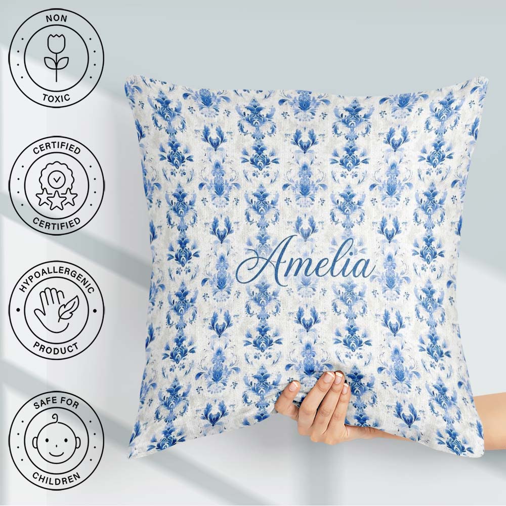 Custom Name Elegant Blue Damask Symmetrical Floral Seamless Name Square Filled Cushion Throw Pillow Sofa Bed Home Decor Zip Washable UK Made
