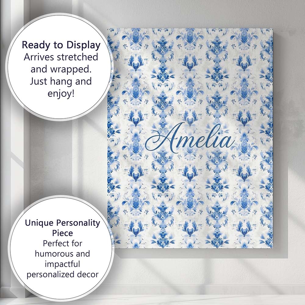 Personalised Name Elegant Blue Damask Custom Modern Room Accent Creative Decorator Style Canvas Wall Art Print Decor Picture Ready to Hang