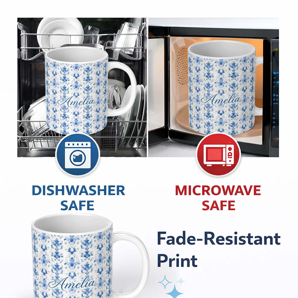 Personalized Custom Name Elegant Blue Damask Symmetrical Floral Seamless Pattern Name Cute 11oz Ceramic Coffee Tea Mug White Large Handle
