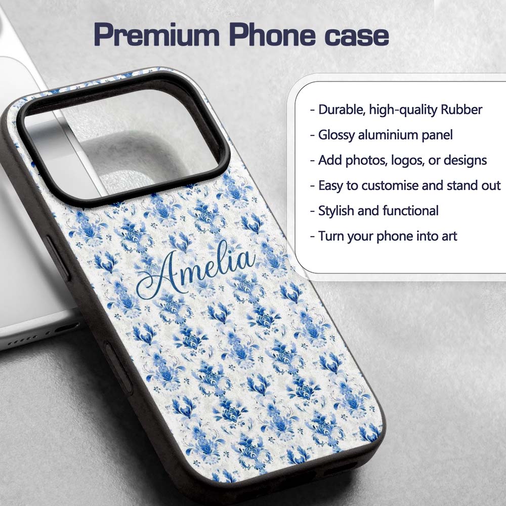 Elegant Blue Damask Symmetrical Floral Seamless Custom Name Protective Phone Case Mobile Cover Durable Everyday Smartphone Shock Resistant