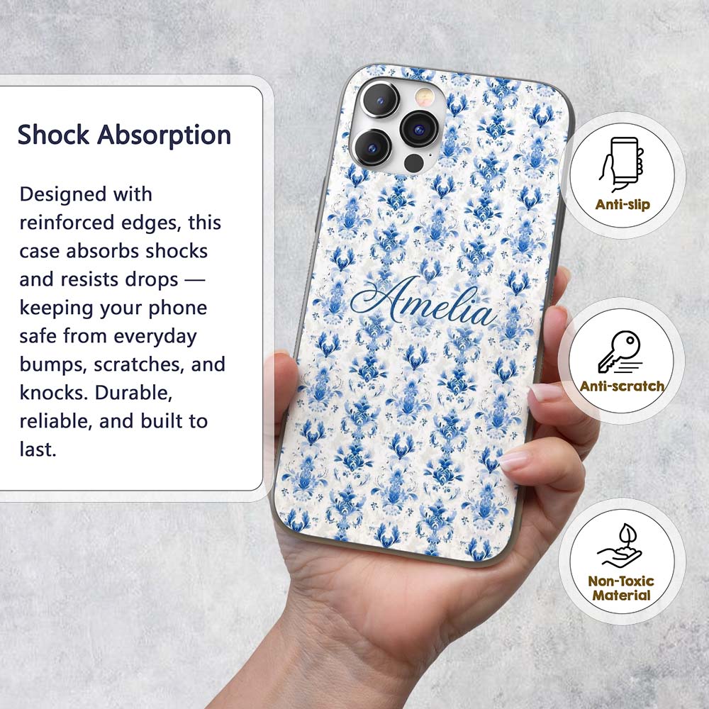 Elegant Blue Damask Symmetrical Floral Seamless Custom Name Protective Phone Case Mobile Cover Durable Everyday Smartphone Shock Resistant