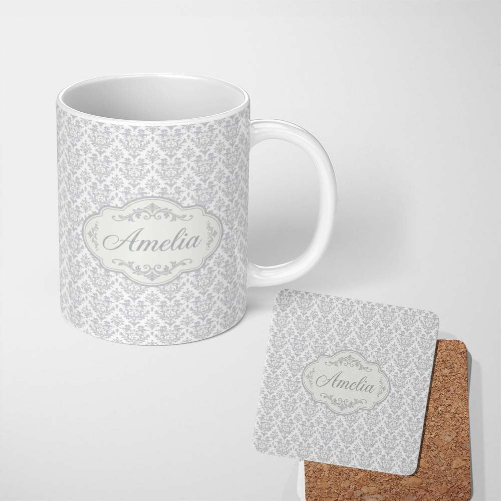 Personalized Custom Name Elegant Grey Damask Vintage Floral Seamless Pattern Name Cute 11oz Ceramic Coffee Tea Mug White Large Handle