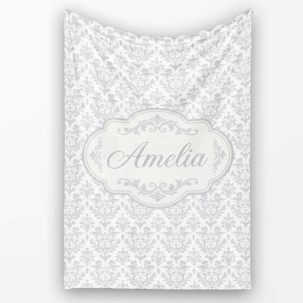 Elegant Grey Damask Vintage Floral Seamless Pattern Name Cute Personalised Custom Name Super Soft Fleece Blanket Bed Sofa Throw