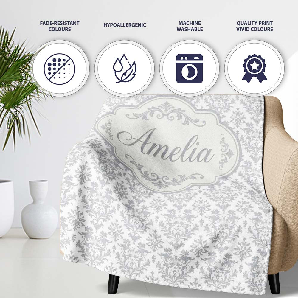 Elegant Grey Damask Vintage Floral Seamless Pattern Name Cute Personalised Custom Name Super Soft Fleece Blanket Bed Sofa Throw