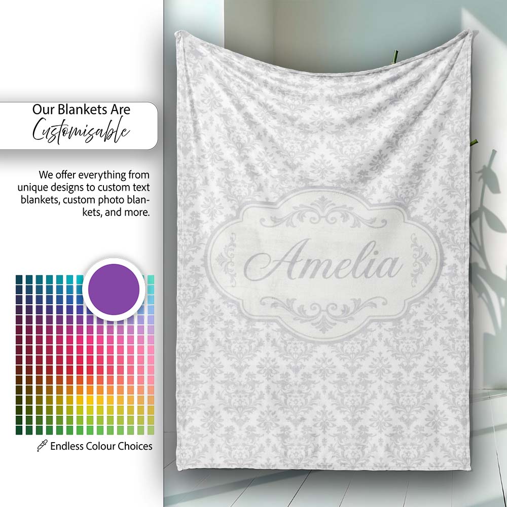 Elegant Grey Damask Vintage Floral Seamless Pattern Name Cute Personalised Custom Name Super Soft Fleece Blanket Bed Sofa Throw