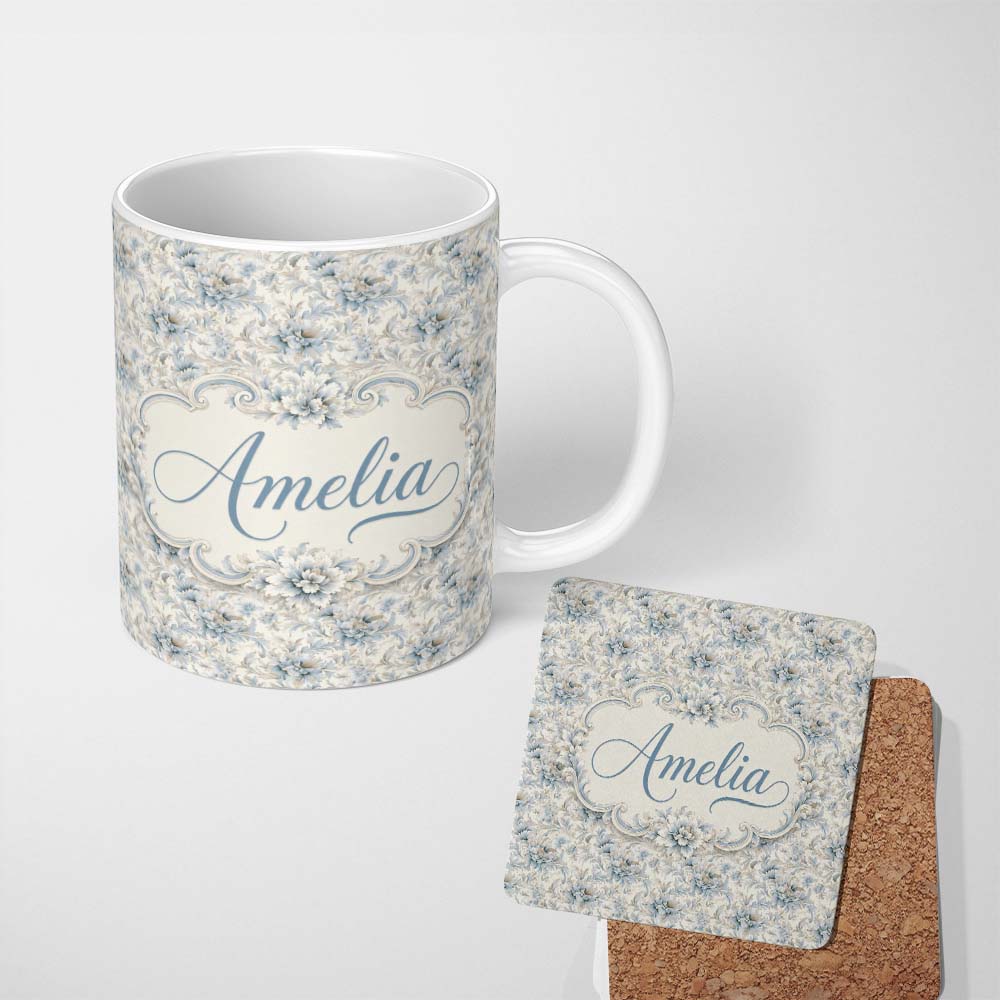 Personalized Custom Name Soft Blue Beige Floral Vintage Seamless Pattern Name Cute Unique 11oz Ceramic Coffee Tea Mug White Large Handle
