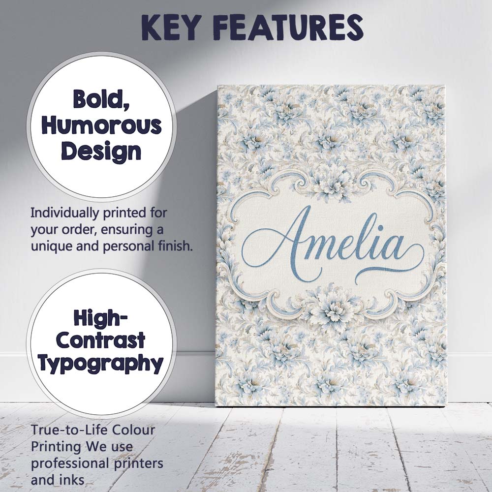 Personalised Name Soft Blue Beige Floral Custom Unique Gift Idea Elegant Feature Canvas Wall Art Print Decor Picture Ready to Hang