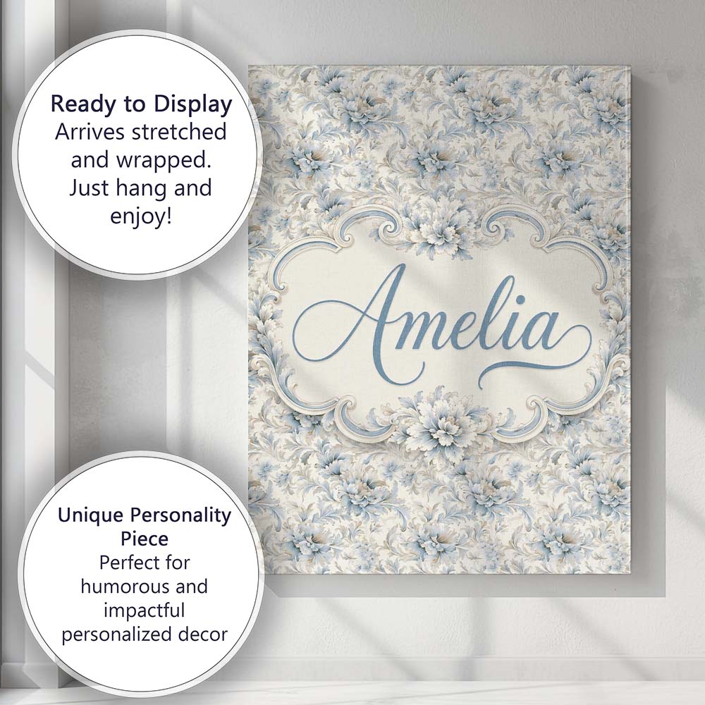 Personalised Name Soft Blue Beige Floral Custom Unique Gift Idea Elegant Feature Canvas Wall Art Print Decor Picture Ready to Hang
