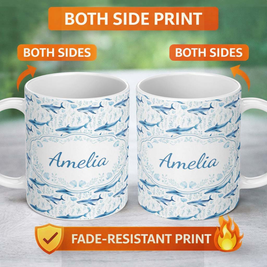 Personalized Custom Name Watercolor Blue Dolphin Seaweed Seamless Pattern Marine Ocean Design 11oz Ceramic Coffee Tea Mug White Large Handle