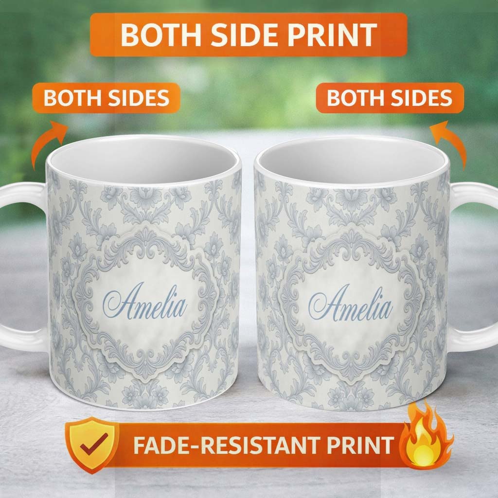 Personalized Custom Name Light Grey Blue Soft Floral Elegant Seamless Pattern Name Cute 11oz Ceramic Coffee Tea Mug White Large Handle