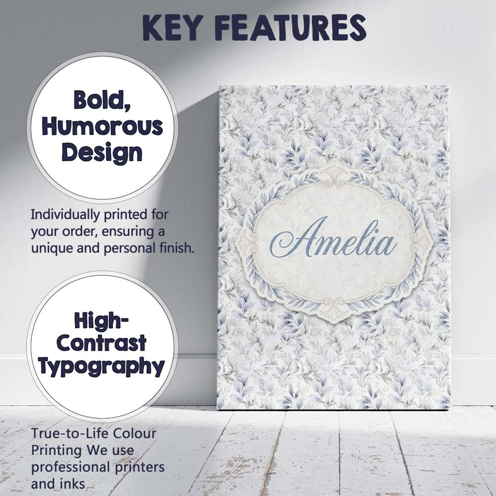 Personalised Name Subtle Grey Botanical Custom Modern Room Accent Elegant Feature Canvas Wall Art Print Decor Picture Ready to Hang