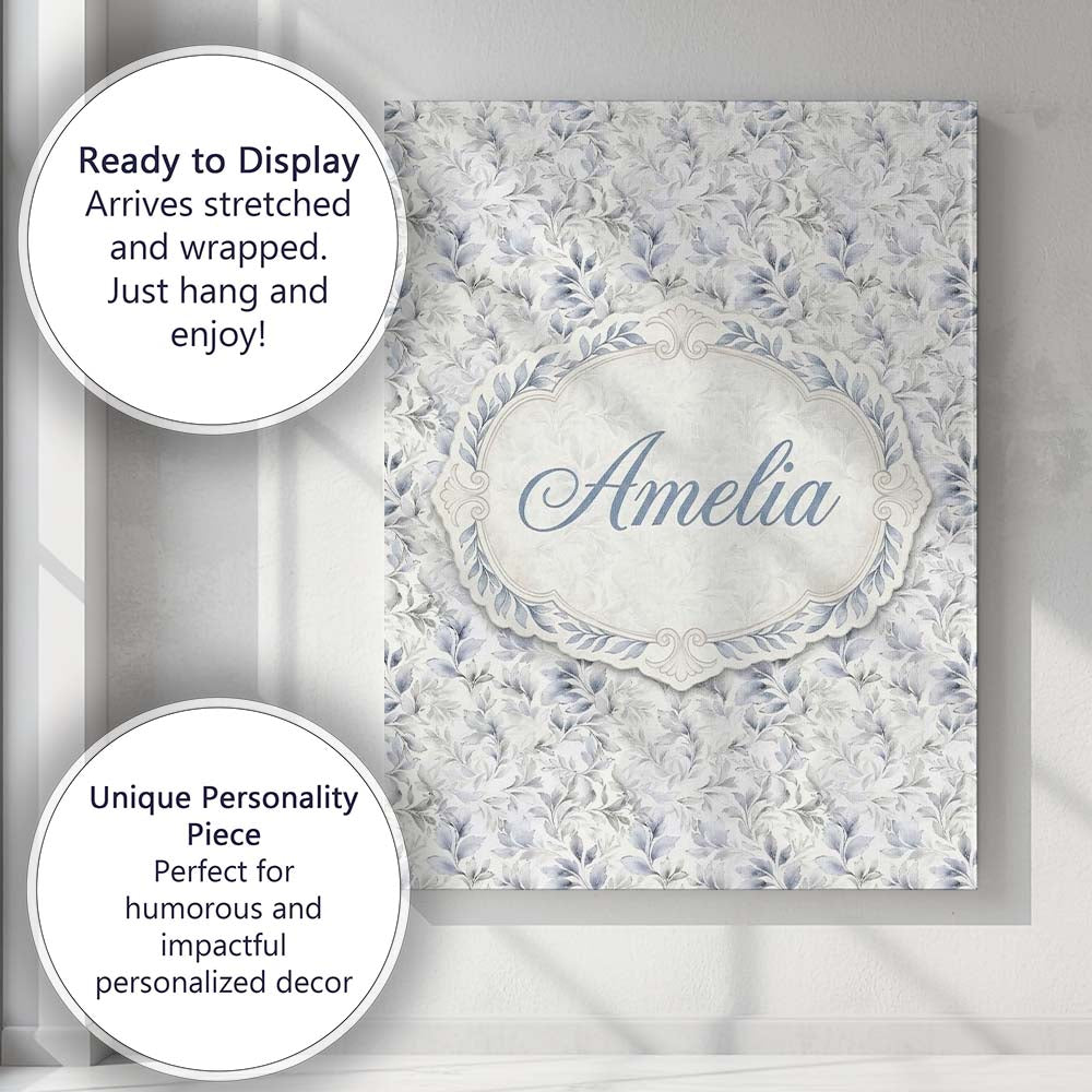 Personalised Name Subtle Grey Botanical Custom Modern Room Accent Elegant Feature Canvas Wall Art Print Decor Picture Ready to Hang