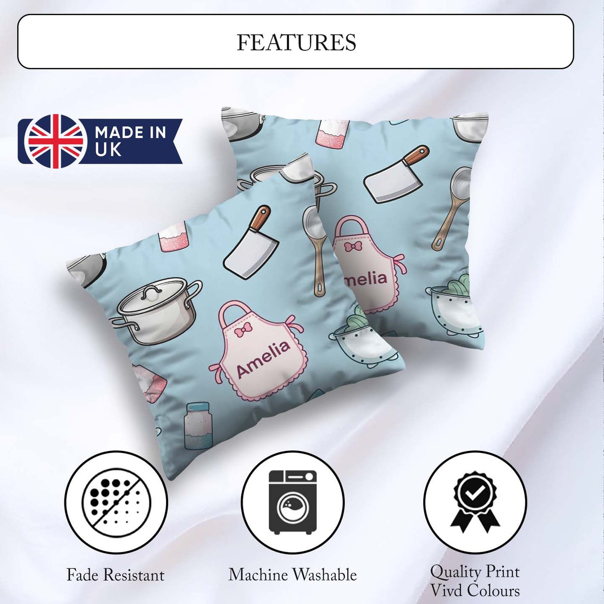 Custom Name Utensils Apron Cooking Theme Seamless Pattern Name Square Filled Cushion Throw Pillow Sofa Bed Home Decor Zip Washable UK Made