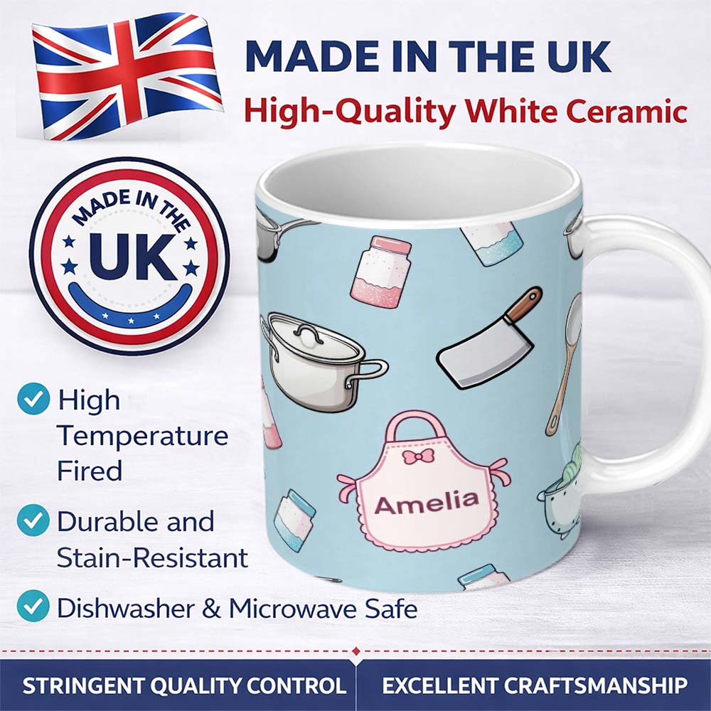 Personalized Custom Name Cute Kitchen Utensils Apron Cooking Theme Seamless Pattern Name 11oz Ceramic Coffee Tea Mug White Large Handle