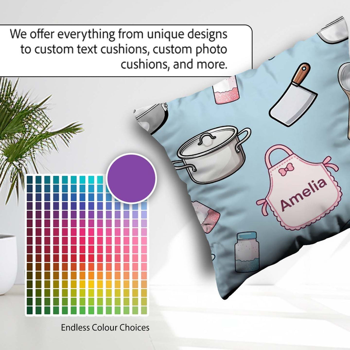 Custom Name Utensils Apron Cooking Theme Seamless Pattern Name Square Filled Cushion Throw Pillow Sofa Bed Home Decor Zip Washable UK Made