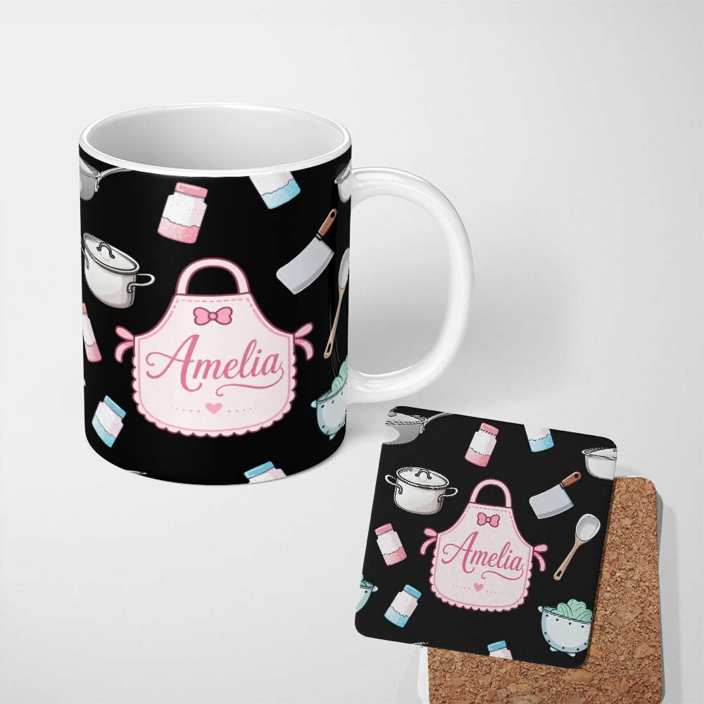 Personalized Custom Name Cute Kitchen Tools Apron Cooking Theme on Black Seamless Pattern 11oz Ceramic Coffee Tea Mug White Large Handle