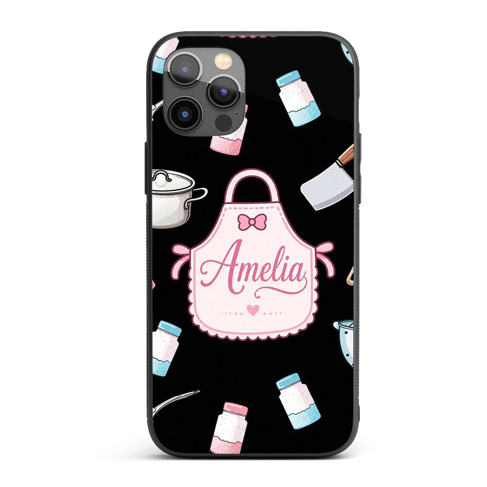 Cute Tools Apron Cooking Theme on Black Seamless Custom Name Protective Phone Case Mobile Cover Durable Everyday Smartphone Shock Resistant