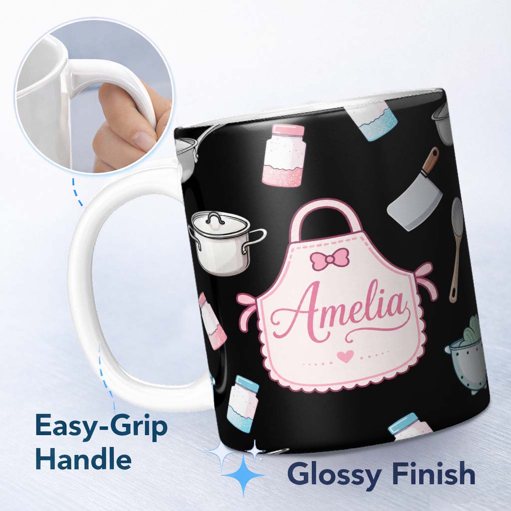 Personalized Custom Name Cute Kitchen Tools Apron Cooking Theme on Black Seamless Pattern 11oz Ceramic Coffee Tea Mug White Large Handle