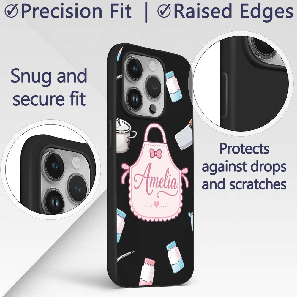 Cute Tools Apron Cooking Theme on Black Seamless Custom Name Protective Phone Case Mobile Cover Durable Everyday Smartphone Shock Resistant