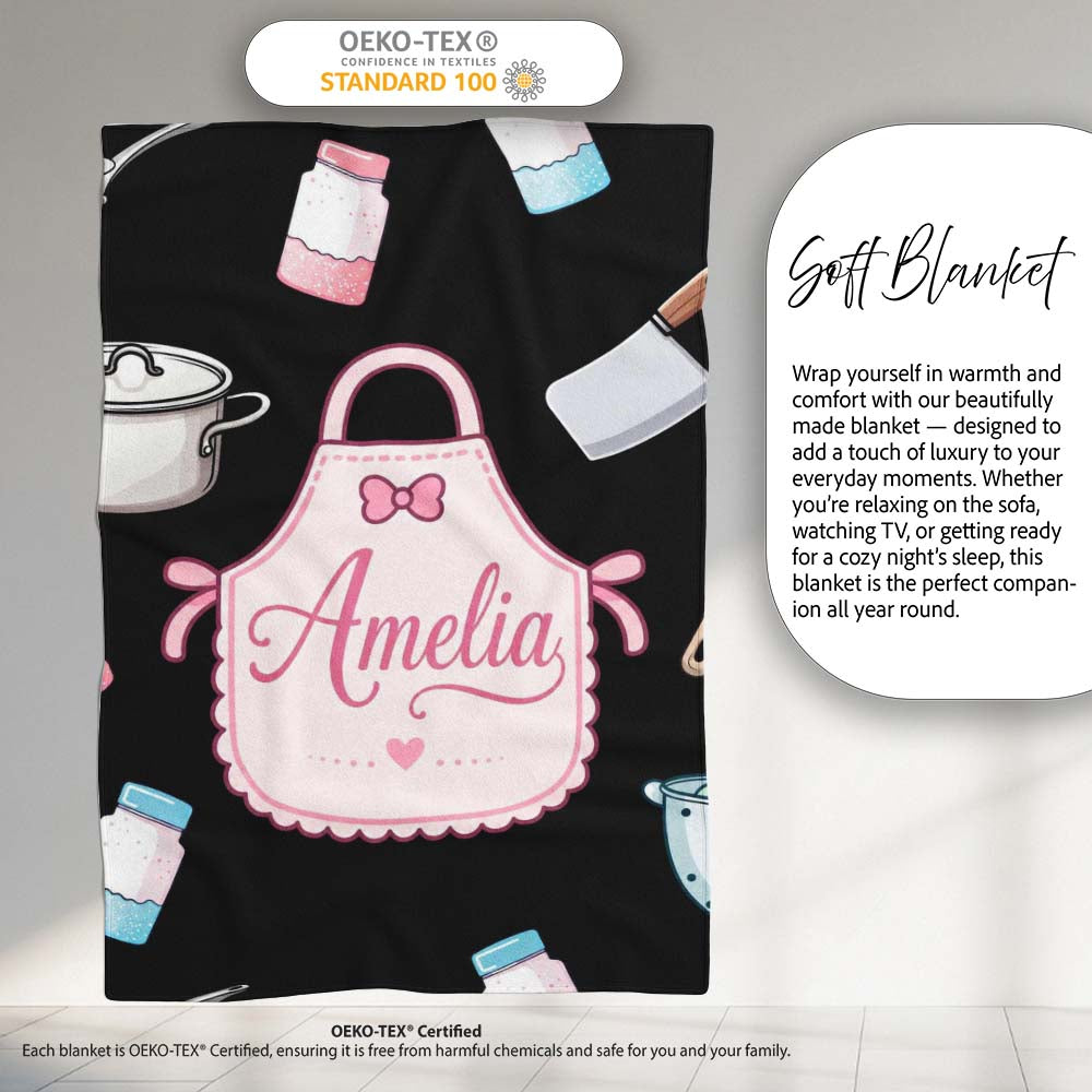 Cute Tools Apron Cooking Theme on Black Seamless Pattern Personalised Custom Name Super Soft Fleece Blanket Bed Sofa Throw