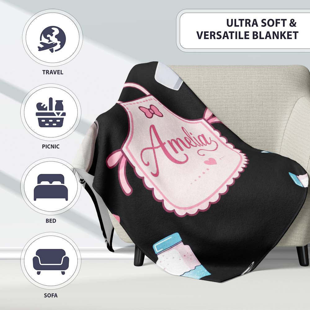 Cute Tools Apron Cooking Theme on Black Seamless Pattern Personalised Custom Name Super Soft Fleece Blanket Bed Sofa Throw