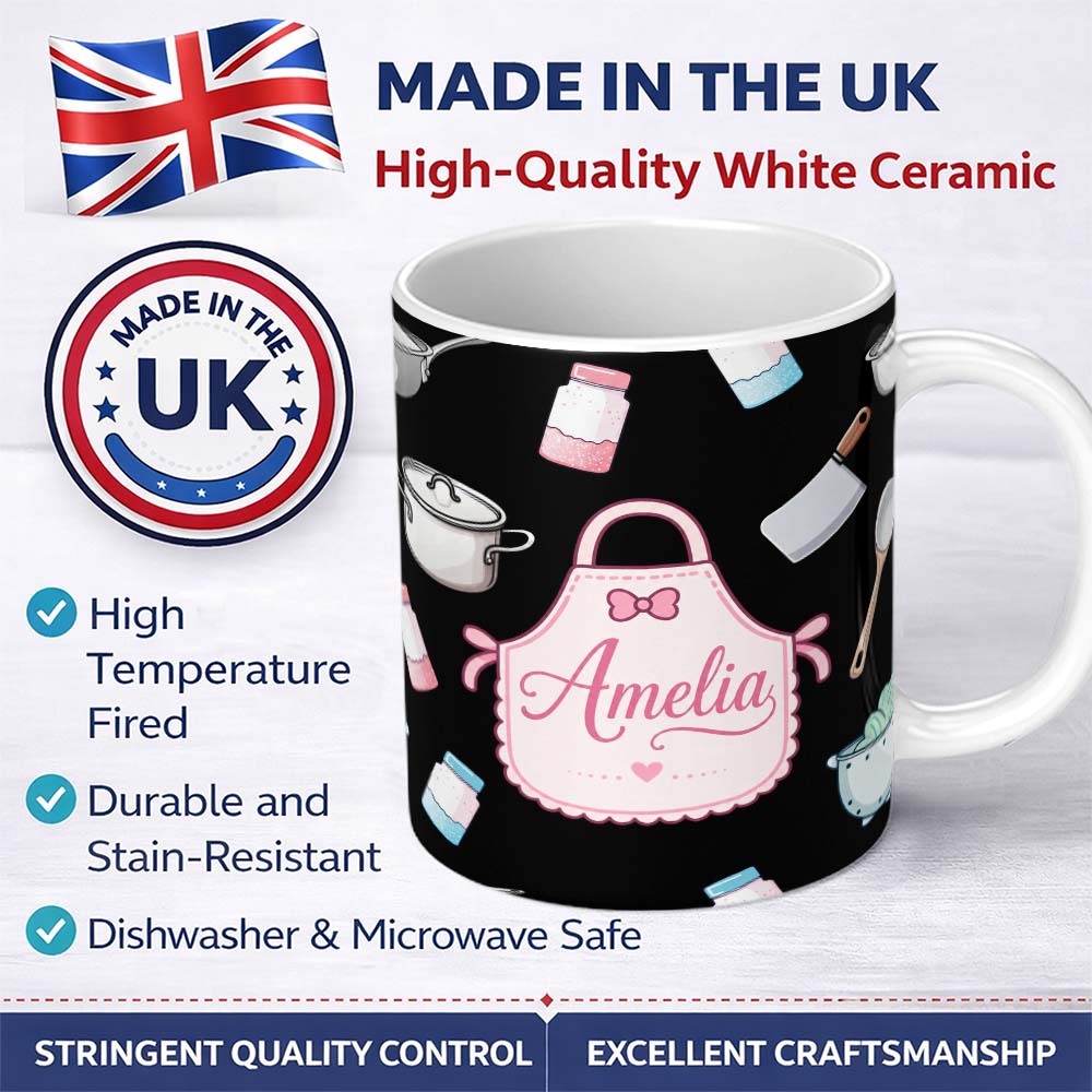 Personalized Custom Name Cute Kitchen Tools Apron Cooking Theme on Black Seamless Pattern 11oz Ceramic Coffee Tea Mug White Large Handle