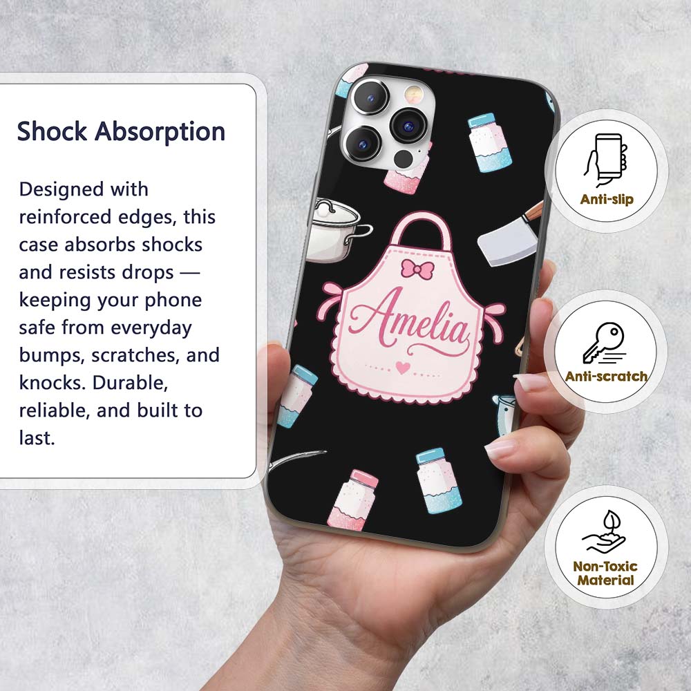 Cute Tools Apron Cooking Theme on Black Seamless Custom Name Protective Phone Case Mobile Cover Durable Everyday Smartphone Shock Resistant