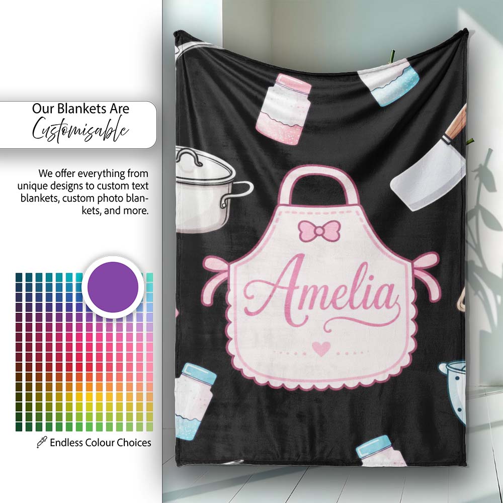 Cute Tools Apron Cooking Theme on Black Seamless Pattern Personalised Custom Name Super Soft Fleece Blanket Bed Sofa Throw
