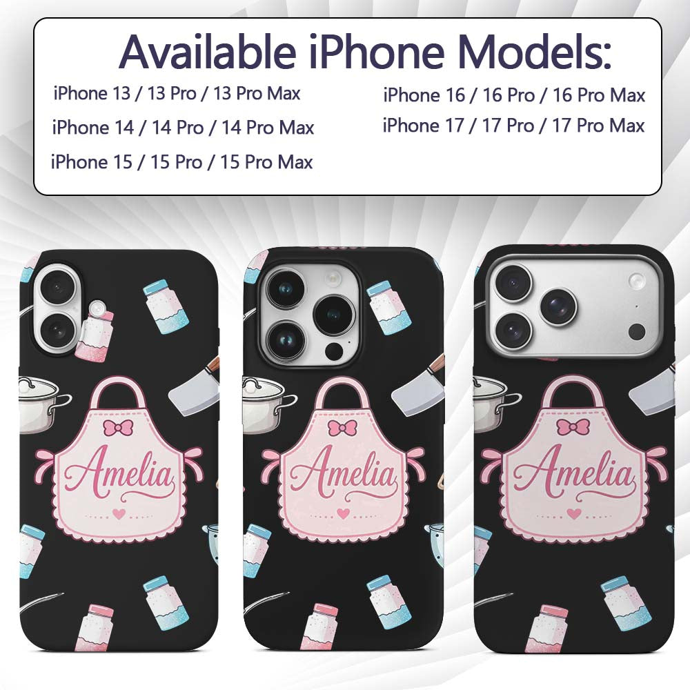 Cute Tools Apron Cooking Theme on Black Seamless Custom Name Protective Phone Case Mobile Cover Durable Everyday Smartphone Shock Resistant