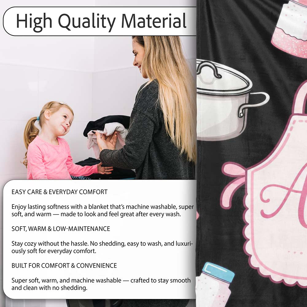Cute Tools Apron Cooking Theme on Black Seamless Pattern Personalised Custom Name Super Soft Fleece Blanket Bed Sofa Throw