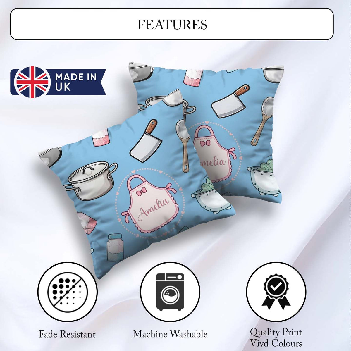 Custom Name Cute Utensils Apron Cooking Theme Blue Seamless Name Square Filled Cushion Throw Pillow Sofa Bed Home Decor Zip Washable UK Made