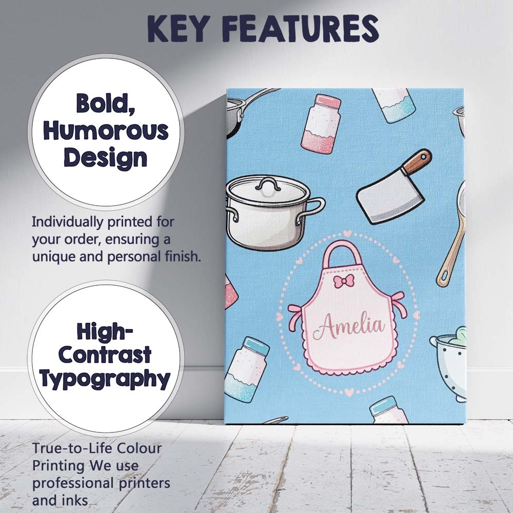 Personalised Name Cute Utensils Apron Custom Modern Room Accent Creative Decorator Style Canvas Wall Art Print Decor Picture Ready to Hang