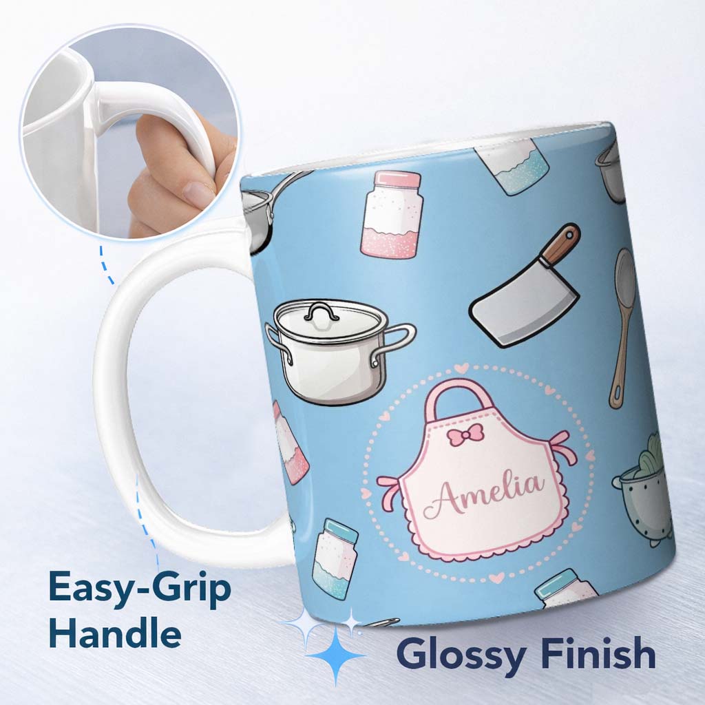 Personalized Custom Name Cute Kitchen Utensils Apron Cooking Theme Blue Seamless Pattern Name 11oz Ceramic Coffee Tea Mug White Large Handle