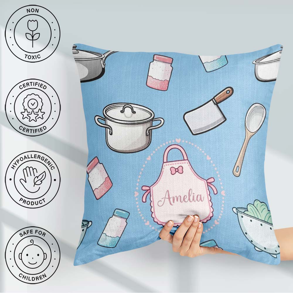 Custom Name Cute Utensils Apron Cooking Theme Blue Seamless Name Square Filled Cushion Throw Pillow Sofa Bed Home Decor Zip Washable UK Made