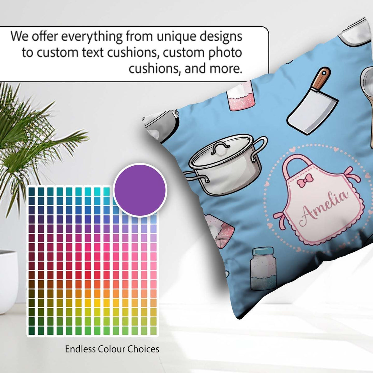 Custom Name Cute Utensils Apron Cooking Theme Blue Seamless Name Square Filled Cushion Throw Pillow Sofa Bed Home Decor Zip Washable UK Made
