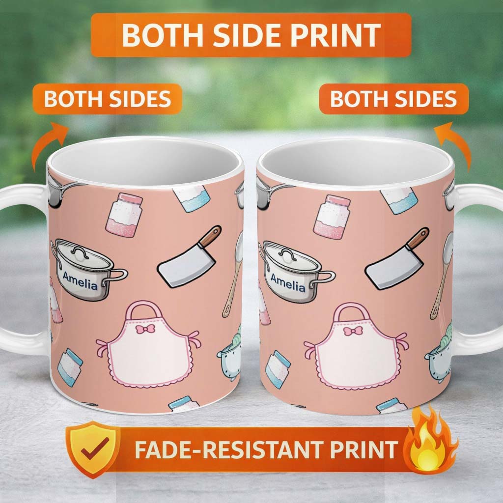 Personalized Custom Name Cute Kitchen Utensils Apron Cooking Theme Peach Seamless Pattern 11oz Ceramic Coffee Tea Mug White Large Handle