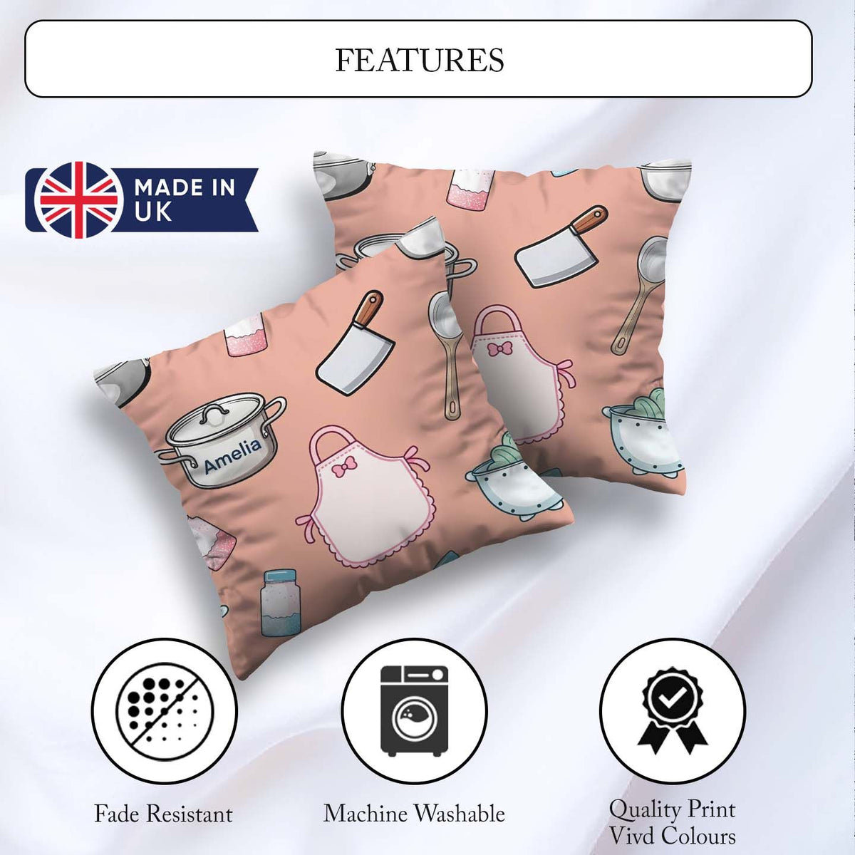 Custom Name Utensils Apron Cooking Theme Peach Seamless Pattern Square Filled Cushion Throw Pillow Sofa Bed Home Decor Zip Washable UK Made