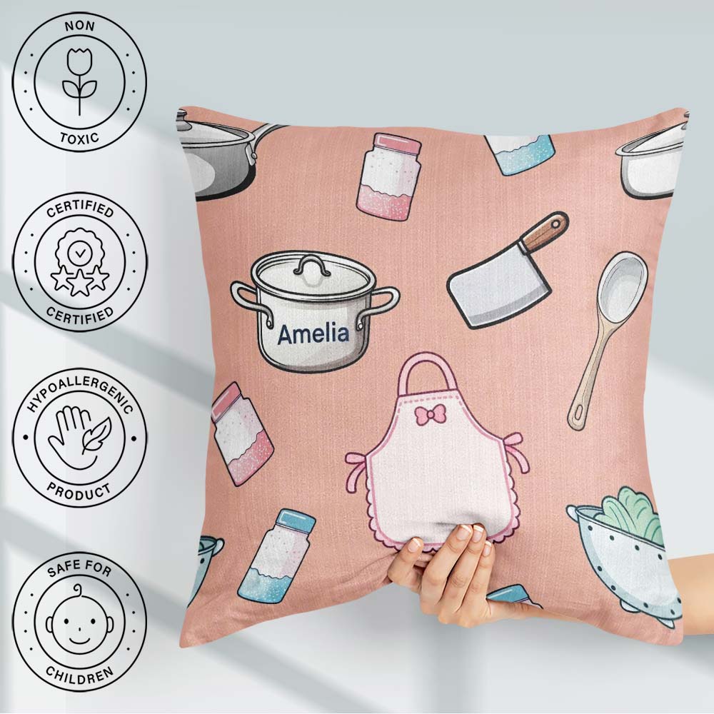 Custom Name Utensils Apron Cooking Theme Peach Seamless Pattern Square Filled Cushion Throw Pillow Sofa Bed Home Decor Zip Washable UK Made