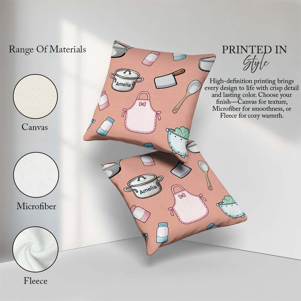 Custom Name Utensils Apron Cooking Theme Peach Seamless Pattern Square Filled Cushion Throw Pillow Sofa Bed Home Decor Zip Washable UK Made
