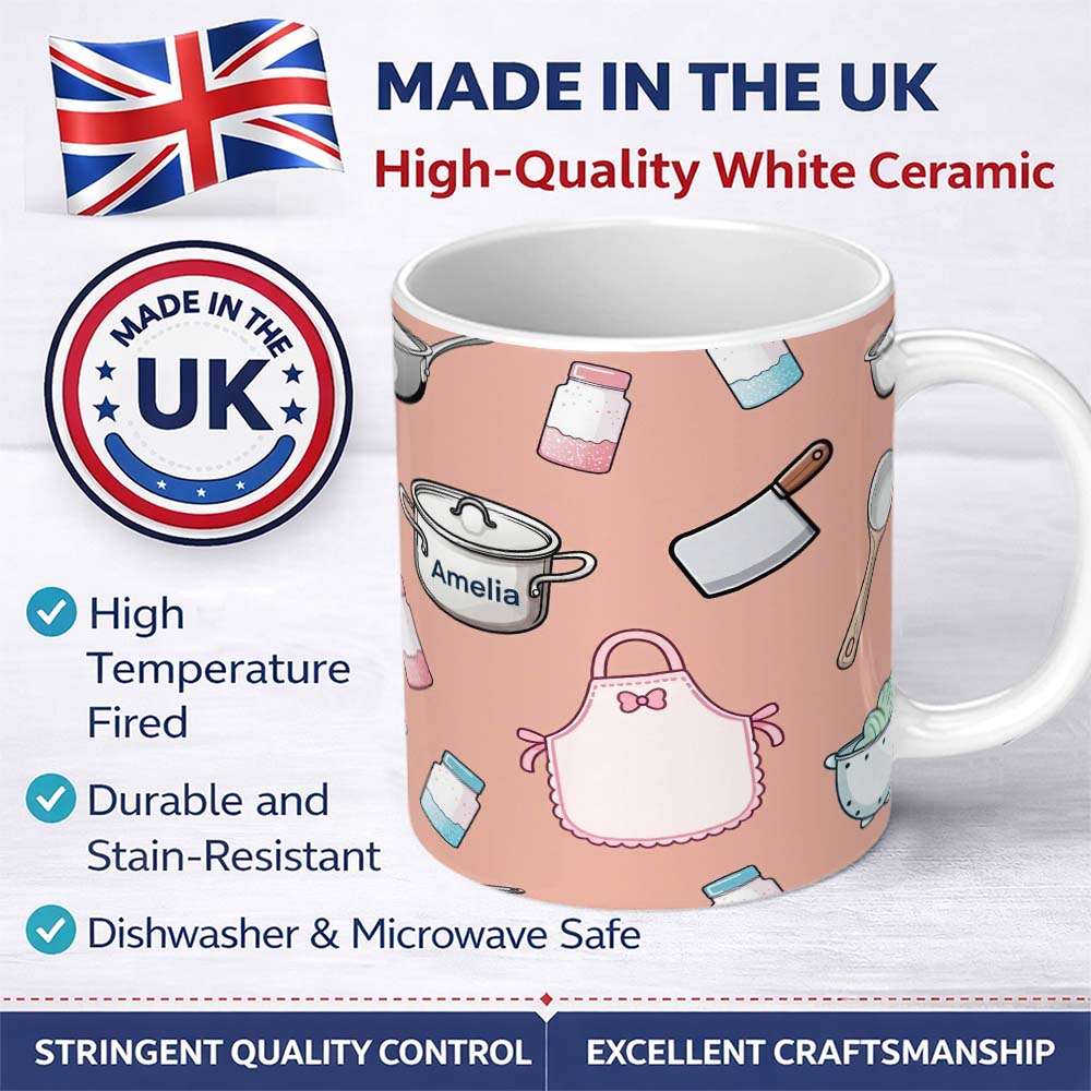Personalized Custom Name Cute Kitchen Utensils Apron Cooking Theme Peach Seamless Pattern 11oz Ceramic Coffee Tea Mug White Large Handle