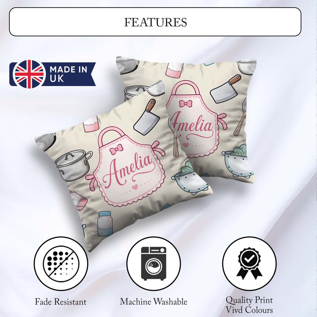 Custom Name Cute Utensils Apron Cooking Seamless Pattern Name Square Filled Cushion Throw Pillow Sofa Bed Home Decor Zip Washable UK Made