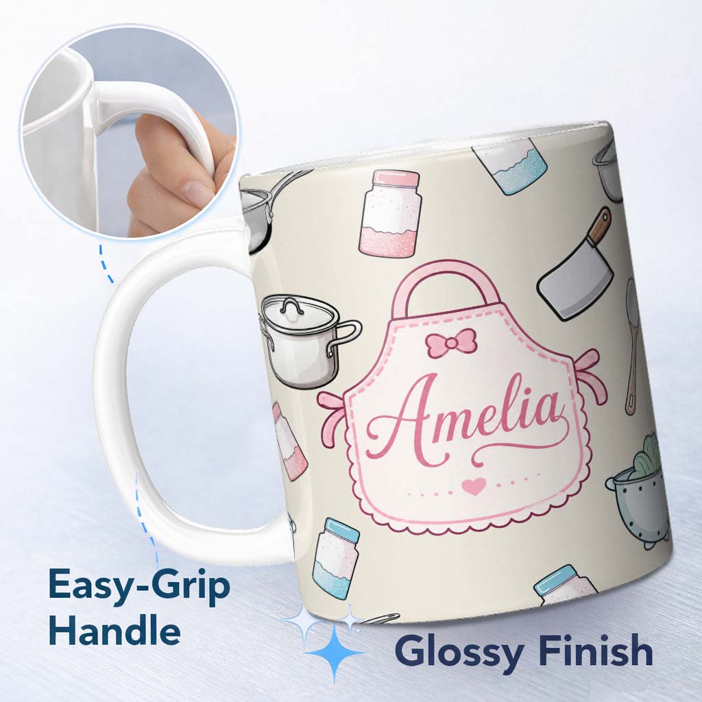 Personalized Custom Name Cute Kitchen Utensils Apron Cooking Seamless Pattern Name Unique 11oz Ceramic Coffee Tea Mug White Large Handle