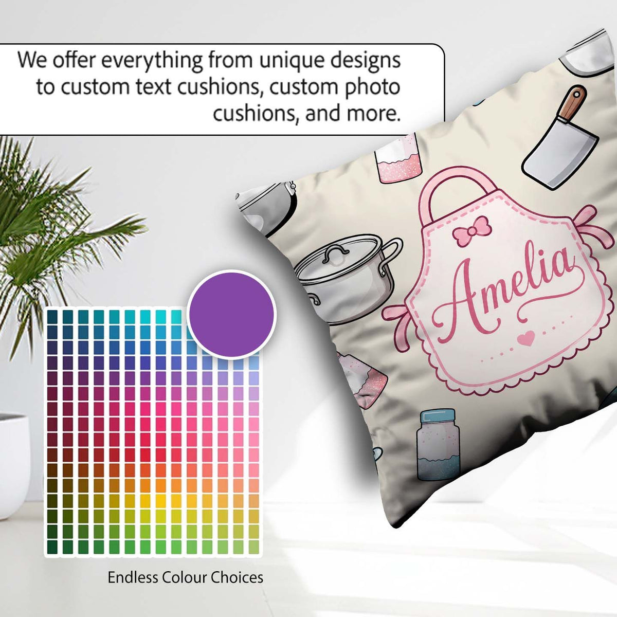 Custom Name Cute Utensils Apron Cooking Seamless Pattern Name Square Filled Cushion Throw Pillow Sofa Bed Home Decor Zip Washable UK Made
