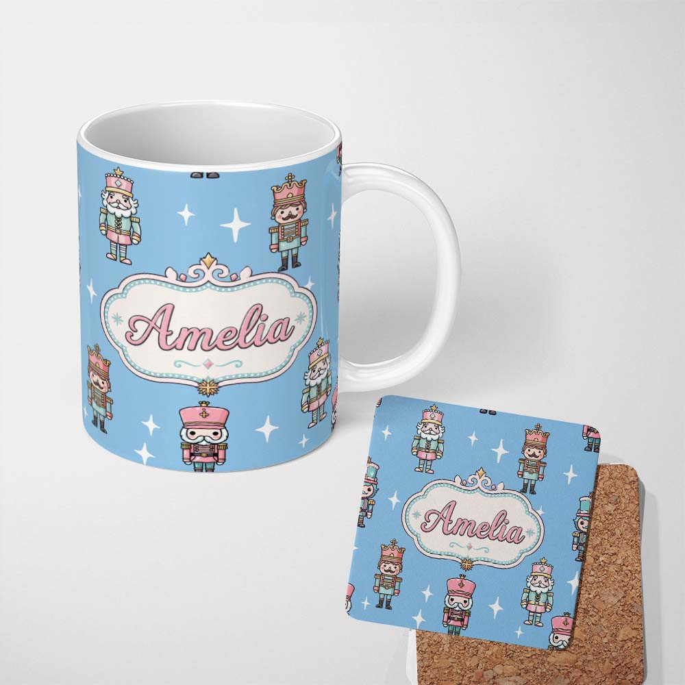 Personalized Custom Name Cute Nutcracker Soldiers Christmas Toy Characters Pattern Blue 11oz Ceramic Coffee Tea Mug White Large Handle