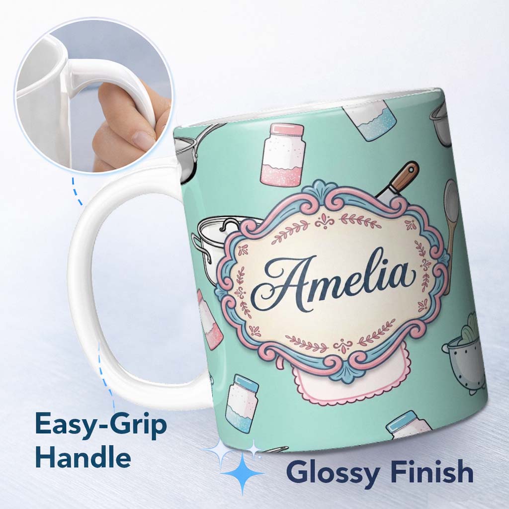 Personalized Custom Name Cute Kitchen Utensils Apron Cooking Teal Seamless Pattern Name 11oz Ceramic Coffee Tea Mug White Large Handle
