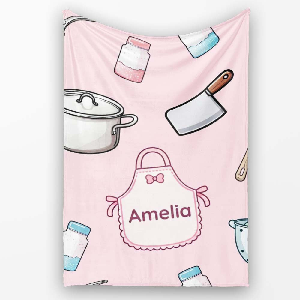 Cute Utensils Apron Cooking Pink Seamless Pattern Name Personalised Custom Name Super Soft Fleece Blanket Bed Sofa Throw