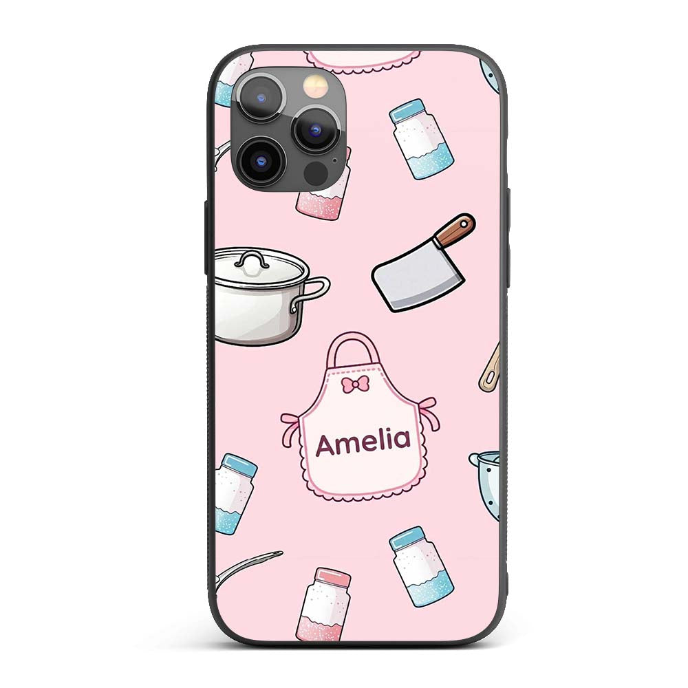 Cute Utensils Apron Cooking Pink Seamless Pattern Custom Name Protective Phone Case Mobile Cover Durable Everyday Smartphone Shock Resistant