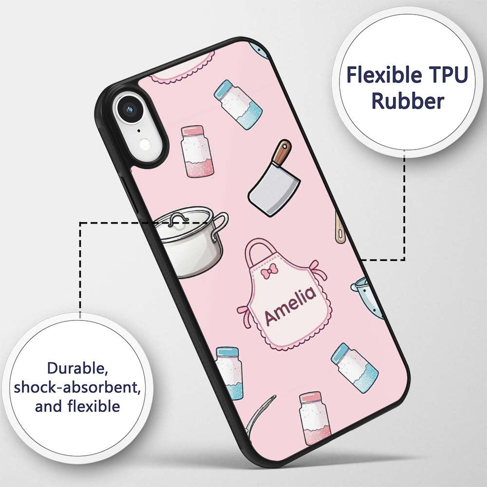 Cute Utensils Apron Cooking Pink Seamless Pattern Custom Name Protective Phone Case Mobile Cover Durable Everyday Smartphone Shock Resistant