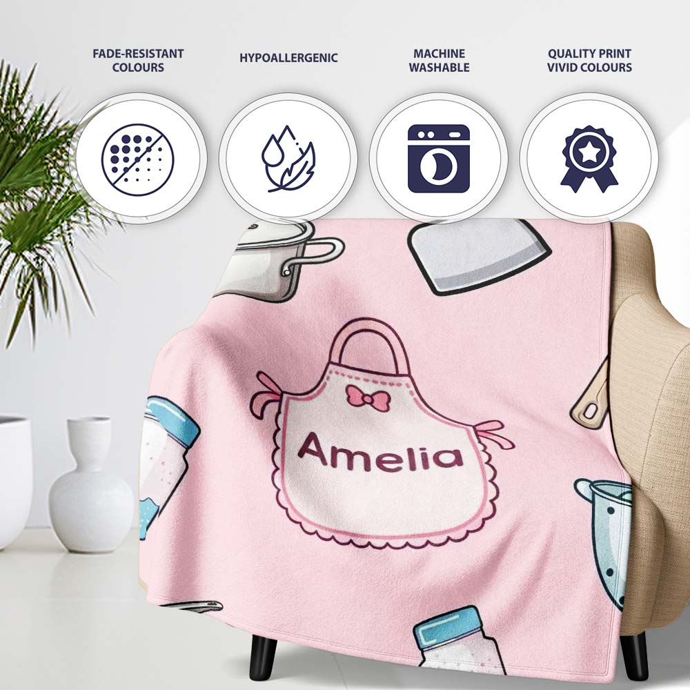 Cute Utensils Apron Cooking Pink Seamless Pattern Name Personalised Custom Name Super Soft Fleece Blanket Bed Sofa Throw