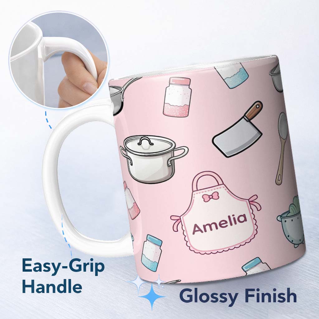 Personalized Custom Name Cute Kitchen Utensils Apron Cooking Pink Seamless Pattern Name 11oz Ceramic Coffee Tea Mug White Large Handle